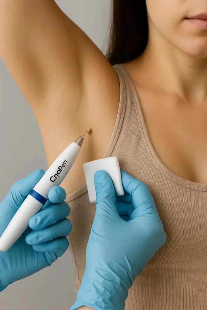 woman having cryopen to remove underarm skin tags Stoke-upon-Trent