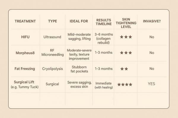 Table showing the comparisons of Skin tightening Stoke-upon-Trent treatment options.